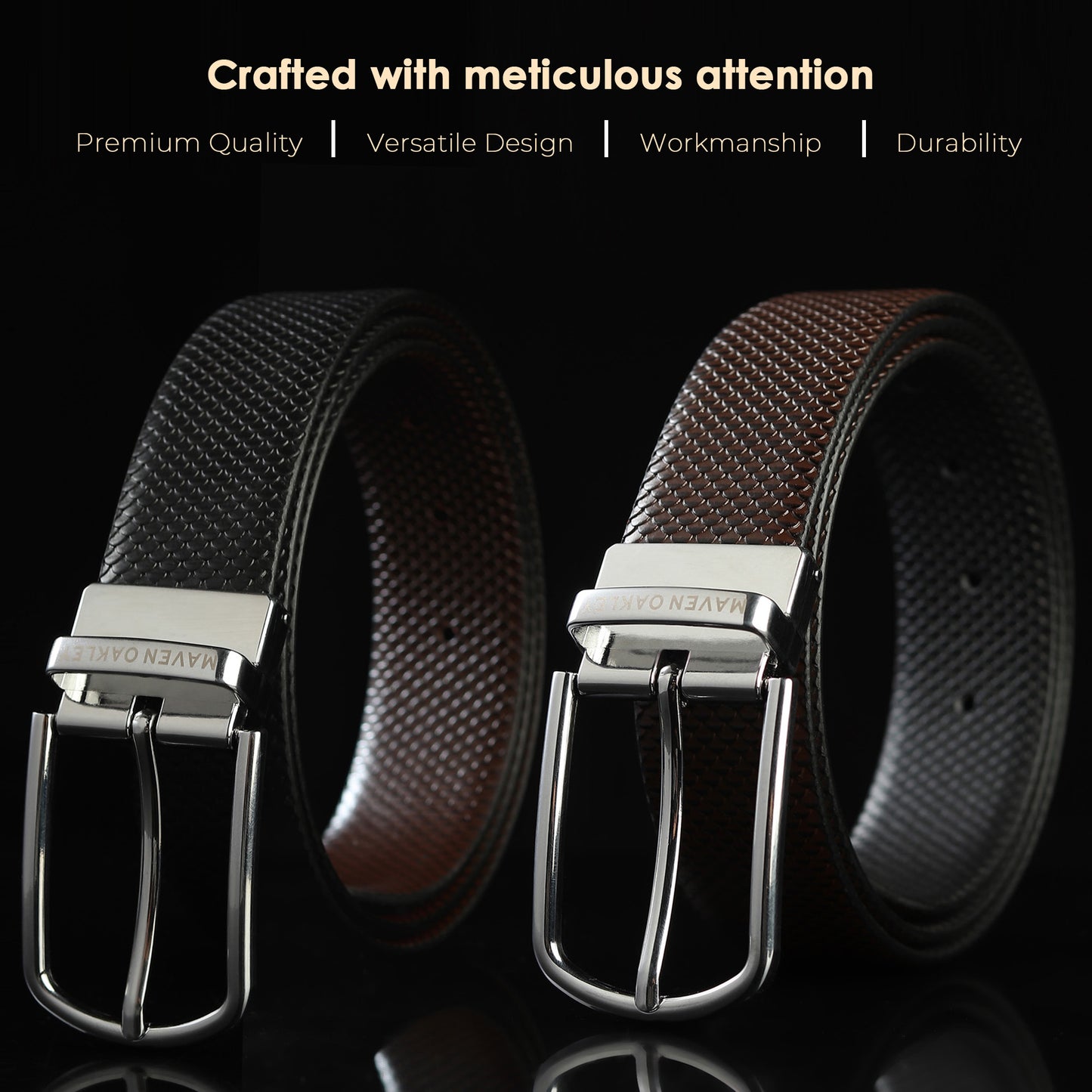 Maveoakely Men's Reversible Leather Belt – Black & Brown, Rotating Buckle, Smooth Finish, Formal & Casual Wear (30-42 Inches)