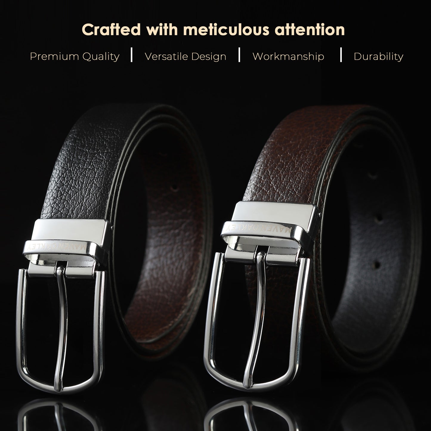 Maveoakely Reversible Genuine Leather Belt for Men – Black & Brown | Textured Finish | 360° Rotating Buckle | Formal & Daily Wear (30–42 Inches)