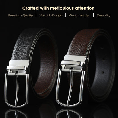 Maveoakely Reversible Genuine Leather Belt for Men – Black & Brown | Textured Finish | 360° Rotating Buckle | Formal & Daily Wear (30–42 Inches)