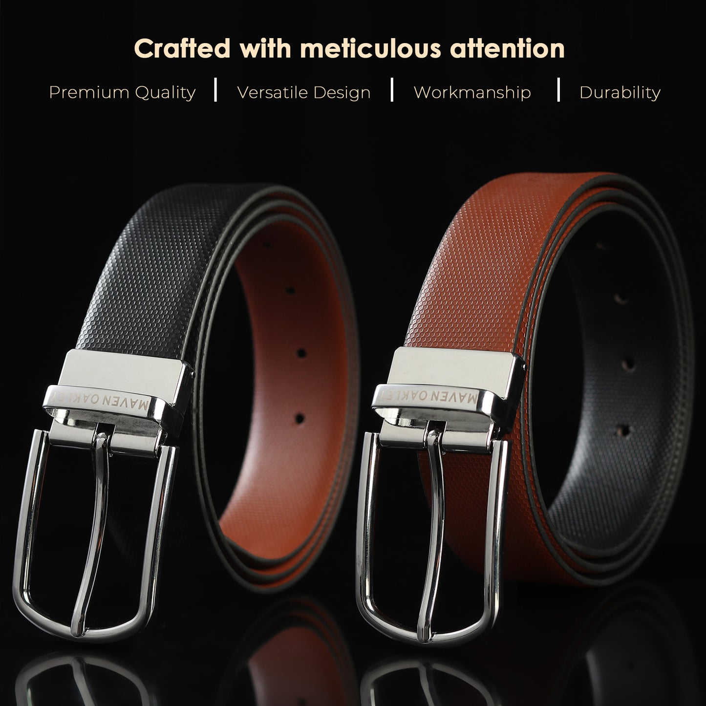 Maveoakely Reversible Leather Belt for Men – Dual Tone Black & Brown | 360° Rotating Buckle | Formal & Casual Use (30–42 Inches)