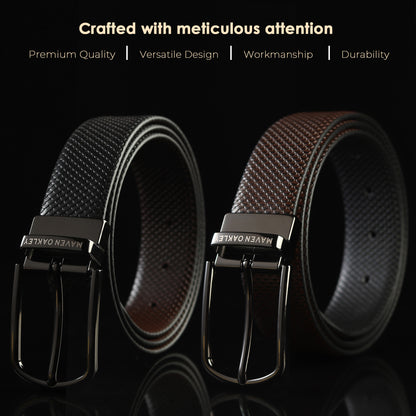 Maven Oakley Signature Reversible Leather Belt – Black & Brown | 360° Rotating Buckle | Premium Gift Box