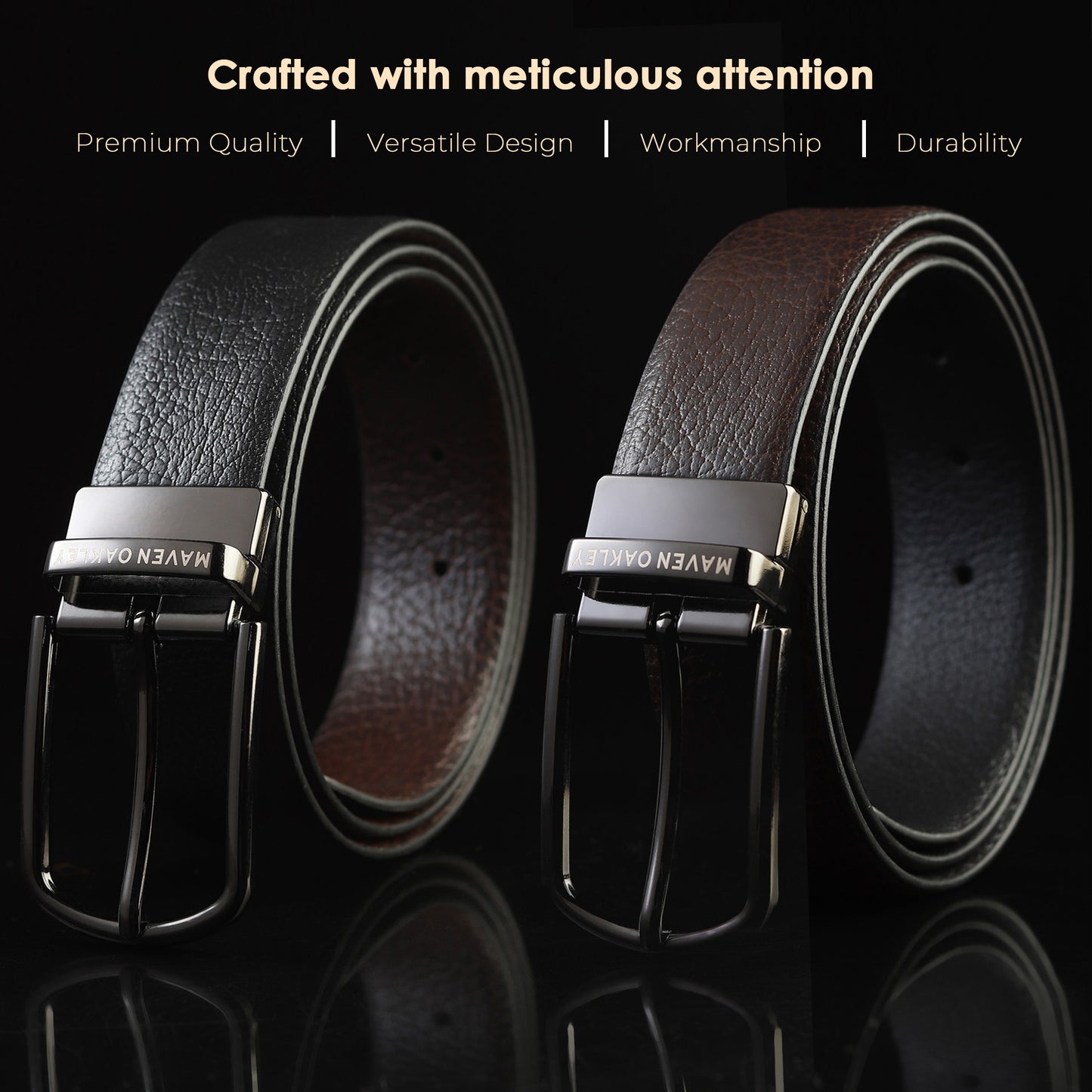 Maveoakely Reversible Textured Leather Belt for Men – Black & Brown | Matte Gunmetal Buckle | 360° Rotation | Premium Gift Box