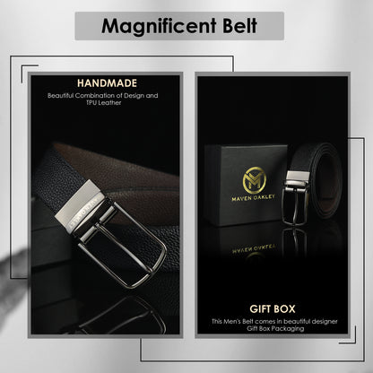 Axel PU Reversible Black & Brown Belt For Men – Matte Grey Buckle (Premium Gift Box Included)