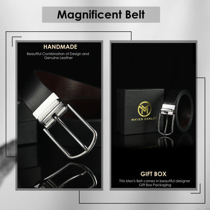 Leo Silver Genuine Leather Reversible Black & Brown Belt for Men – Silver Buckle (Premium Gift Box Included)