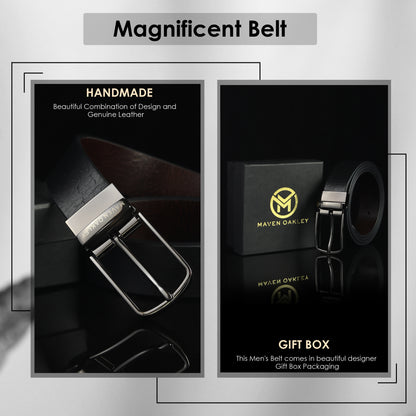 Leo Grey Genuine Leather Reversible Black & Brown Belt for Men – Gunmetal Grey Buckle (Premium Gift Box Included)