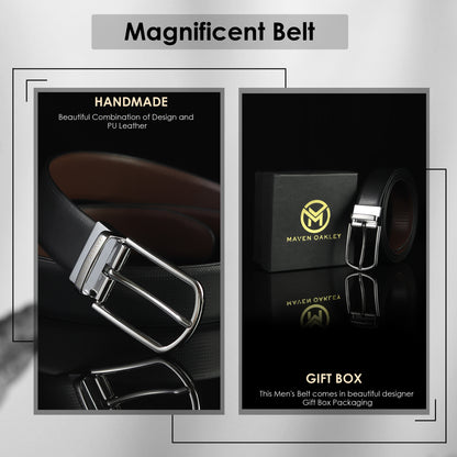 Nero PU Reversible Black & Brown Belt For Men – Silver Buckle (Premium Gift Box Included)