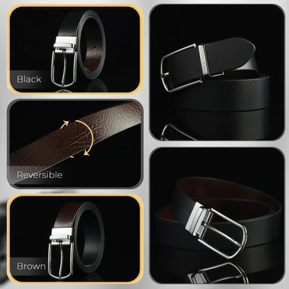 Leo Silver Genuine Leather Reversible Black & Brown Belt for Men – Silver Buckle (Premium Gift Box Included)