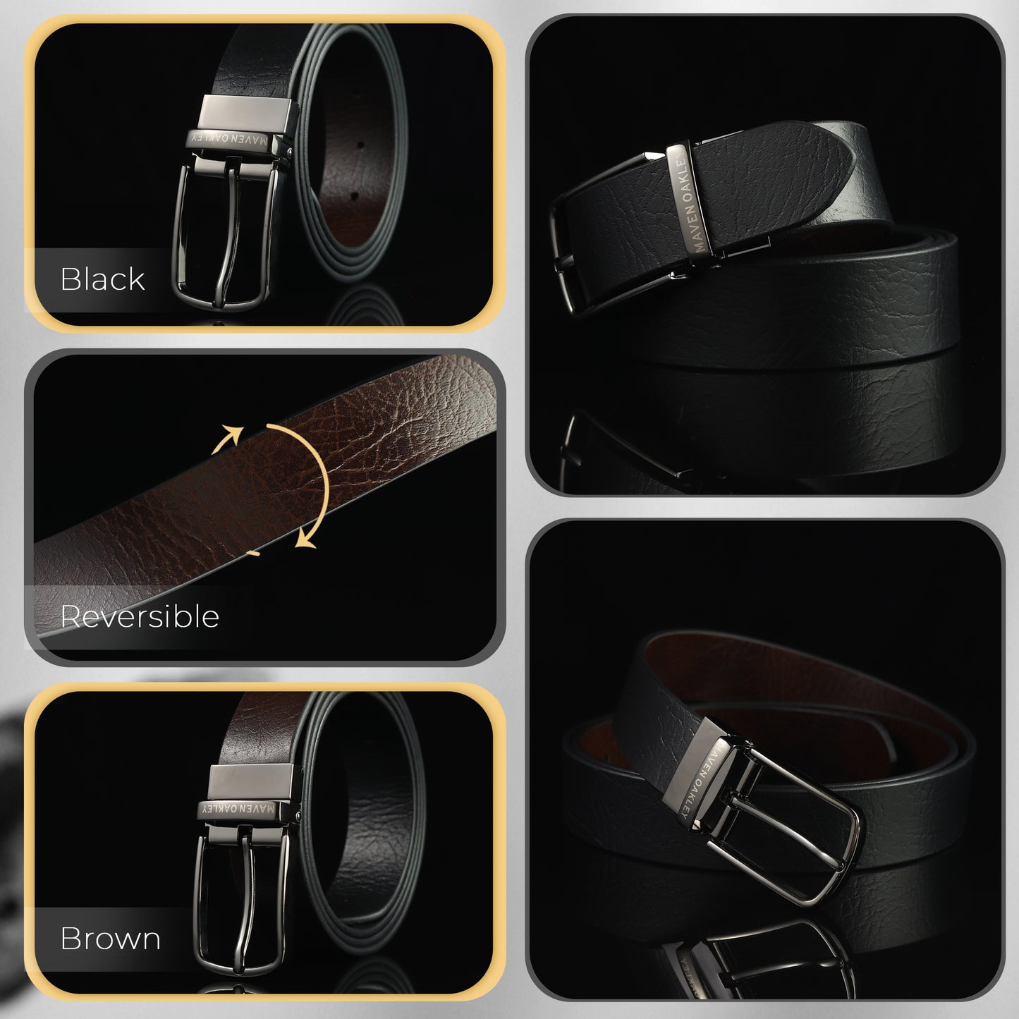 Leo Grey Genuine Leather Reversible Black & Brown Belt for Men – Gunmetal Grey Buckle (Premium Gift Box Included)