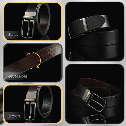 Leo Grey Genuine Leather Reversible Black & Brown Belt for Men – Gunmetal Grey Buckle (Premium Gift Box Included)