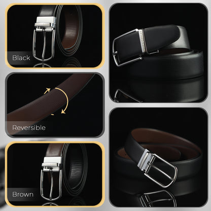 Nero PU Reversible Black & Brown Belt For Men – Silver Buckle (Premium Gift Box Included)